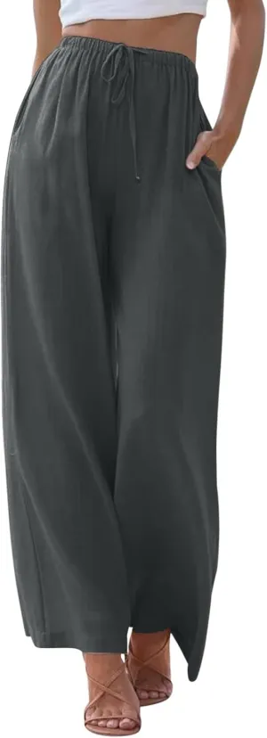 Womens Wide Leg Pants Summer Cotton Linen Casual Solid Color Flowy Trousers with Pockets Trendy Simple Comfy Baggy Pants