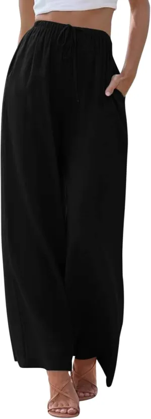 Womens Wide Leg Pants Summer Cotton Linen Casual Solid Color Flowy Trousers with Pockets Trendy Simple Comfy Baggy Pants