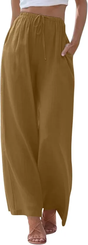 Womens Wide Leg Pants Summer Cotton Linen Casual Solid Color Flowy Trousers with Pockets Trendy Simple Comfy Baggy Pants
