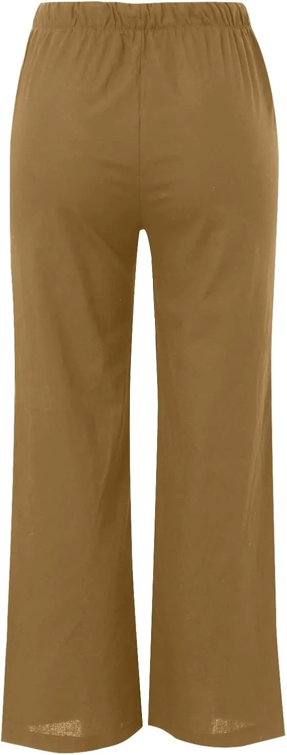 Womens Wide Leg Pants Summer Cotton Linen Casual Solid Color Flowy Trousers with Pockets Trendy Simple Comfy Baggy Pants