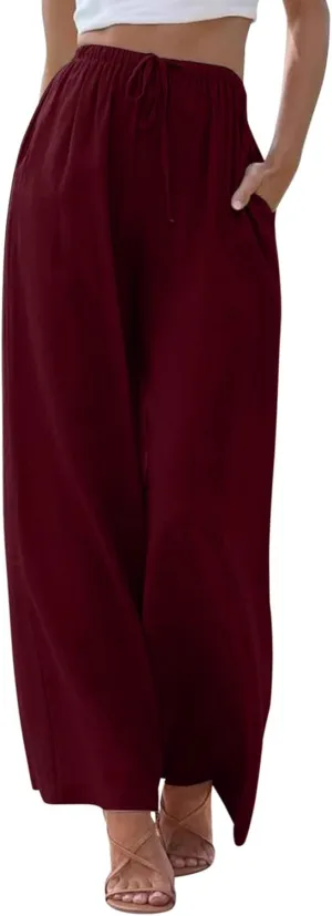 Womens Wide Leg Pants Summer Cotton Linen Casual Solid Color Flowy Trousers with Pockets Trendy Simple Comfy Baggy Pants