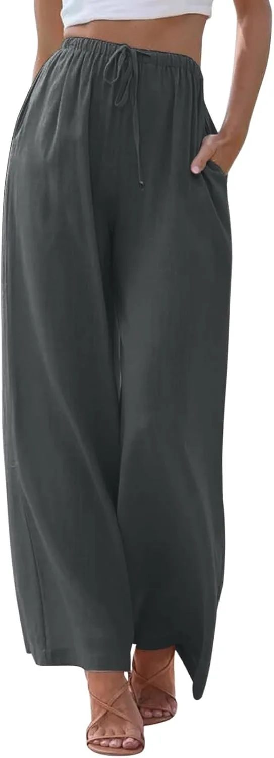 Womens Wide Leg Pants Summer Cotton Linen Casual Solid Color Flowy Trousers with Pockets Trendy Simple Comfy Baggy Pants