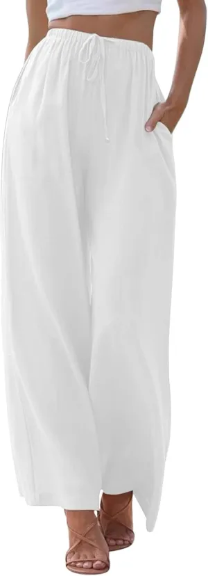 Womens Wide Leg Pants Summer Cotton Linen Casual Solid Color Flowy Trousers with Pockets Trendy Simple Comfy Baggy Pants