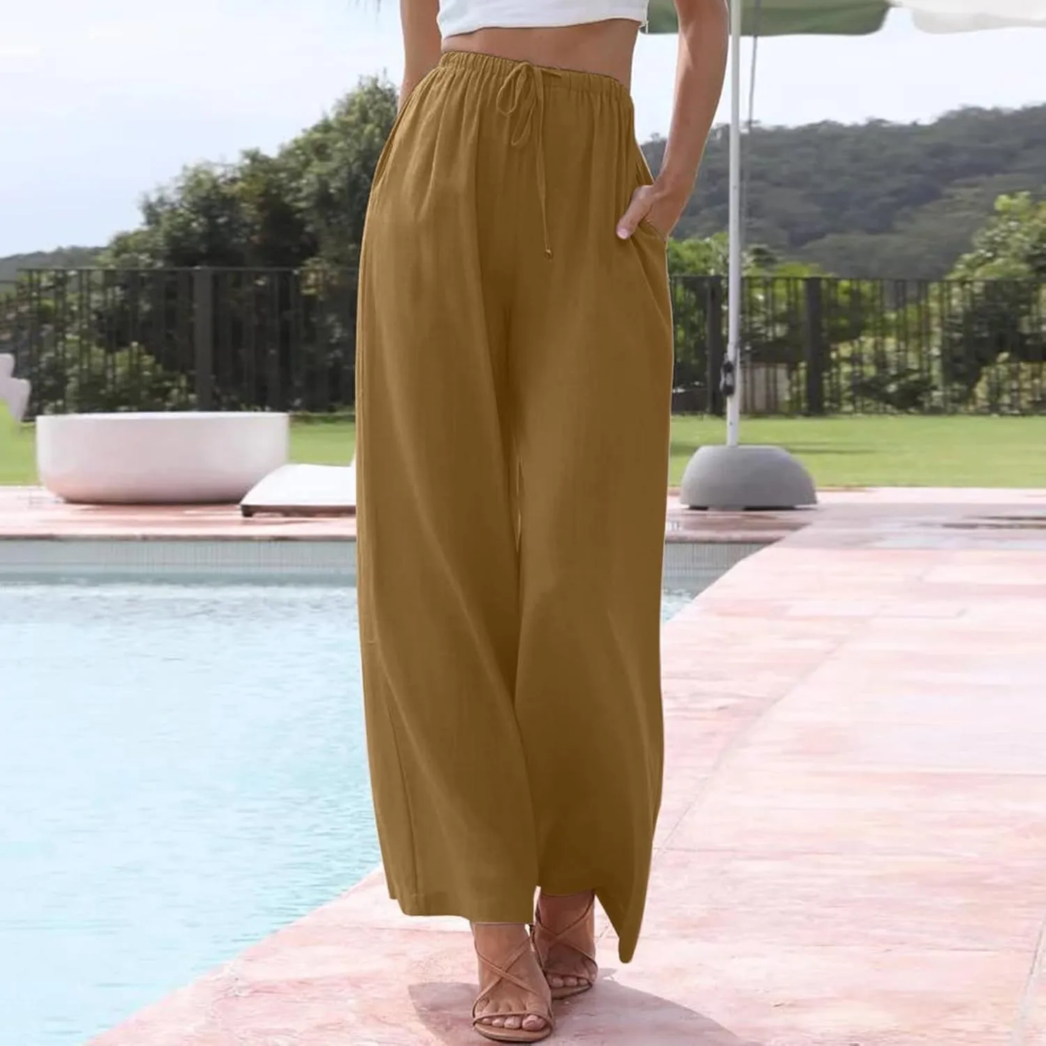Womens Wide Leg Pants Summer Cotton Linen Casual Solid Color Flowy Trousers with Pockets Trendy Simple Comfy Baggy Pants