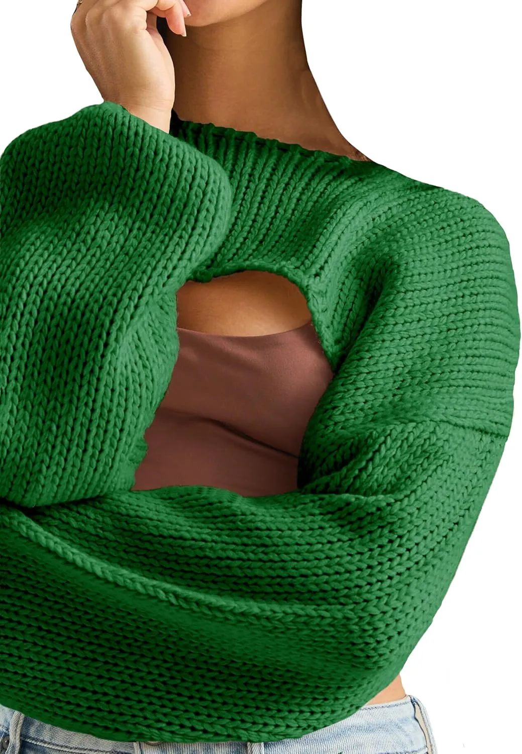 Womens Y2K Crochet Crop Tops Shrug Sweater Young Long Sleeve Shoulder Knit Loose Cropped OutfitsPetite