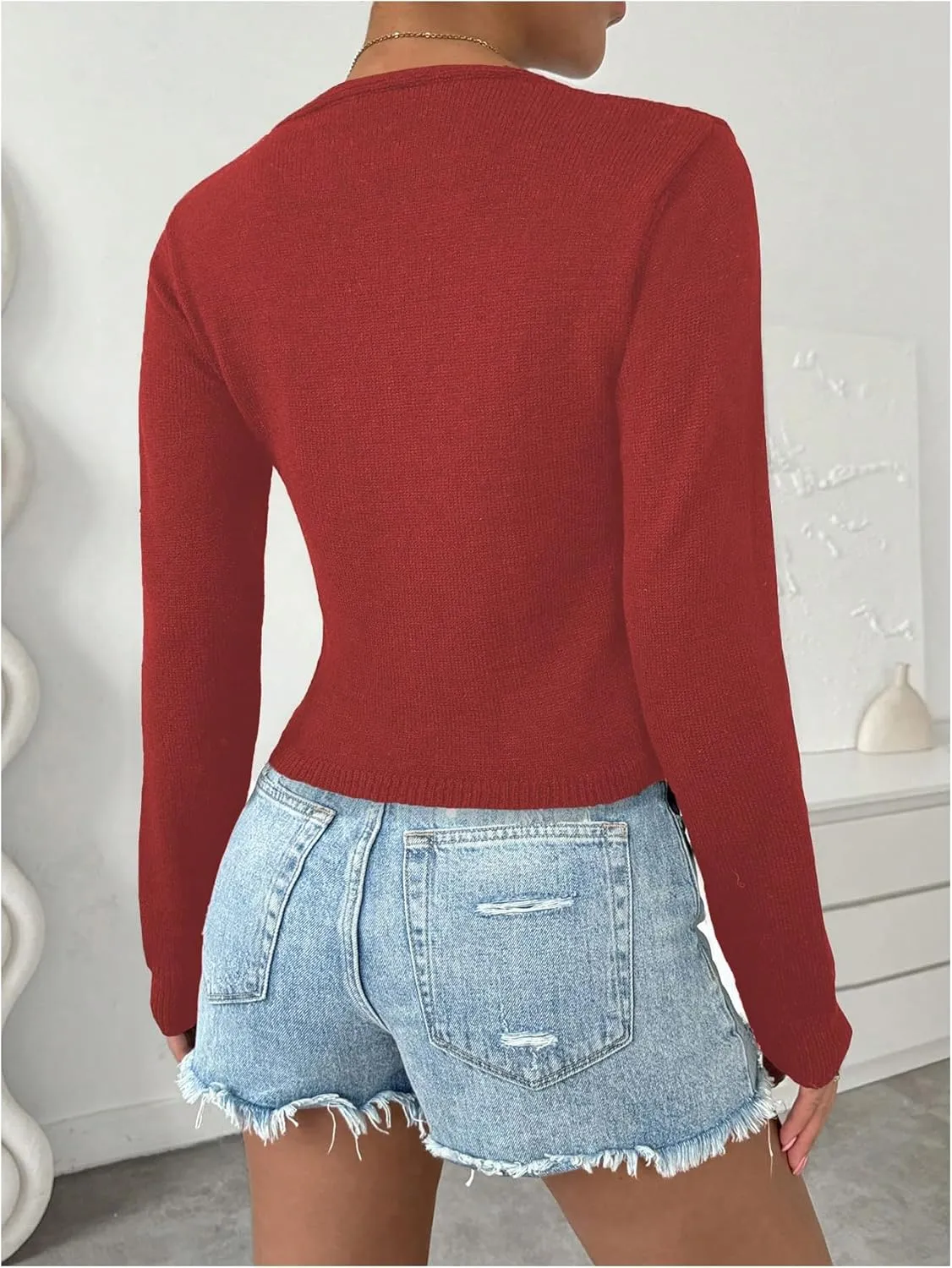Women's Y2K Cut Out Sweater V Neck Split Cropped Sweater Open Front Long Sleeve Knitted Pullover Tops Streetwear