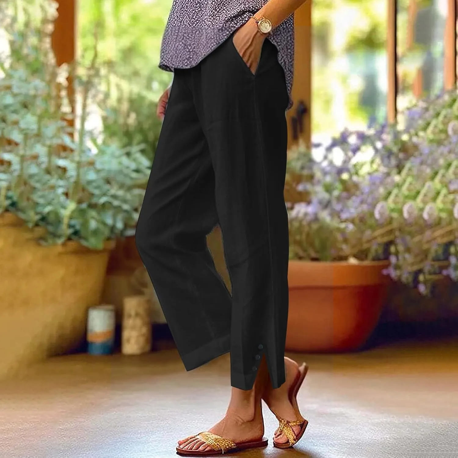 Workout Sets for Women Elastic Pants Long Drawstring Linen Women Waist Cotton Casual Slit Trouser Legs Pants Flowy Wide