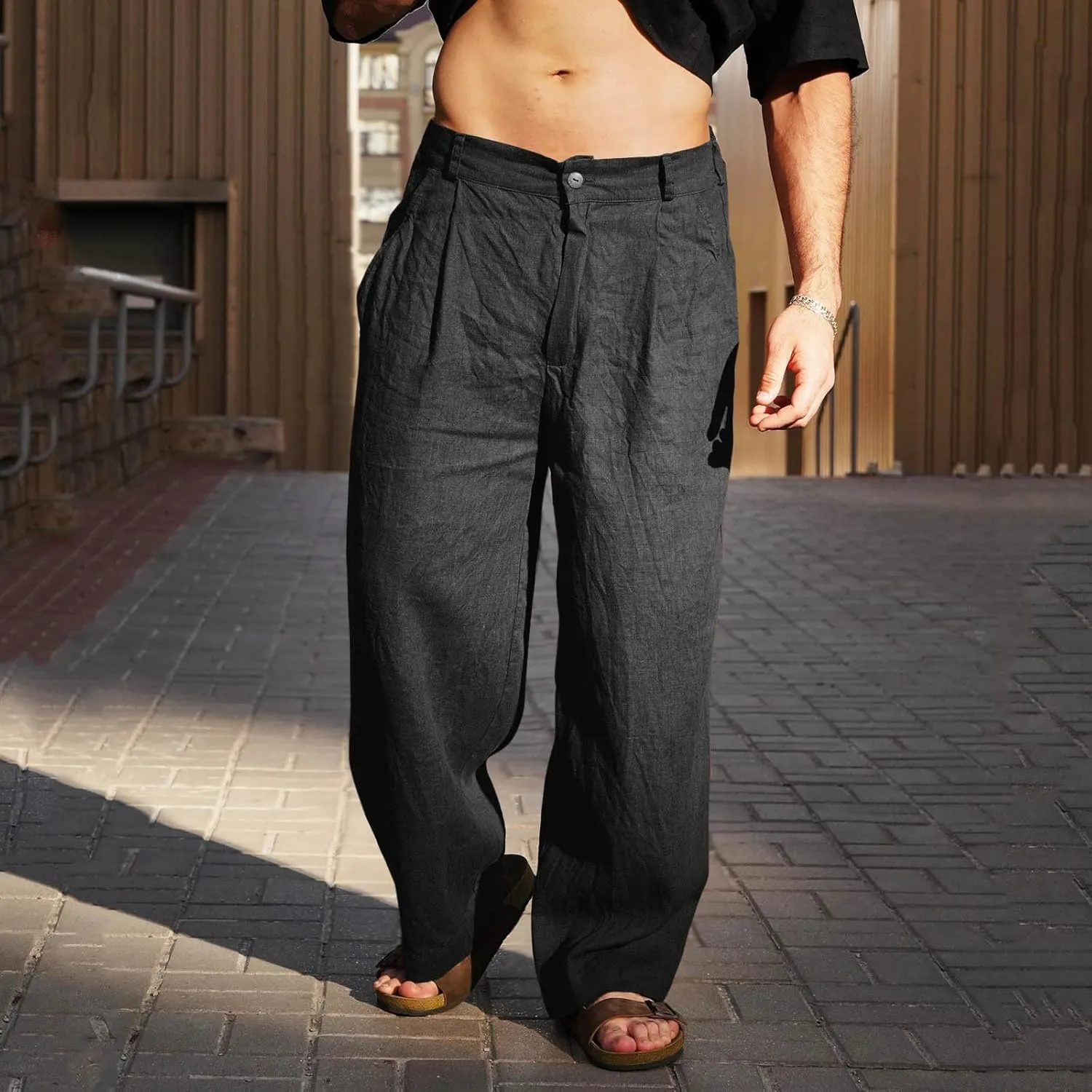 Xiaojmake Linen Pants for Men Casual Loose Fit Elastic Drawstring Waist Baggy Trousers Summer Straight Beach Pant Lightweight