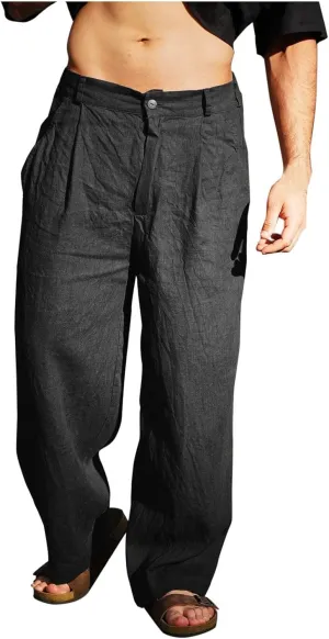 Xiaojmake Linen Pants for Men Casual Loose Fit Elastic Drawstring Waist Baggy Trousers Summer Straight Beach Pant Lightweight