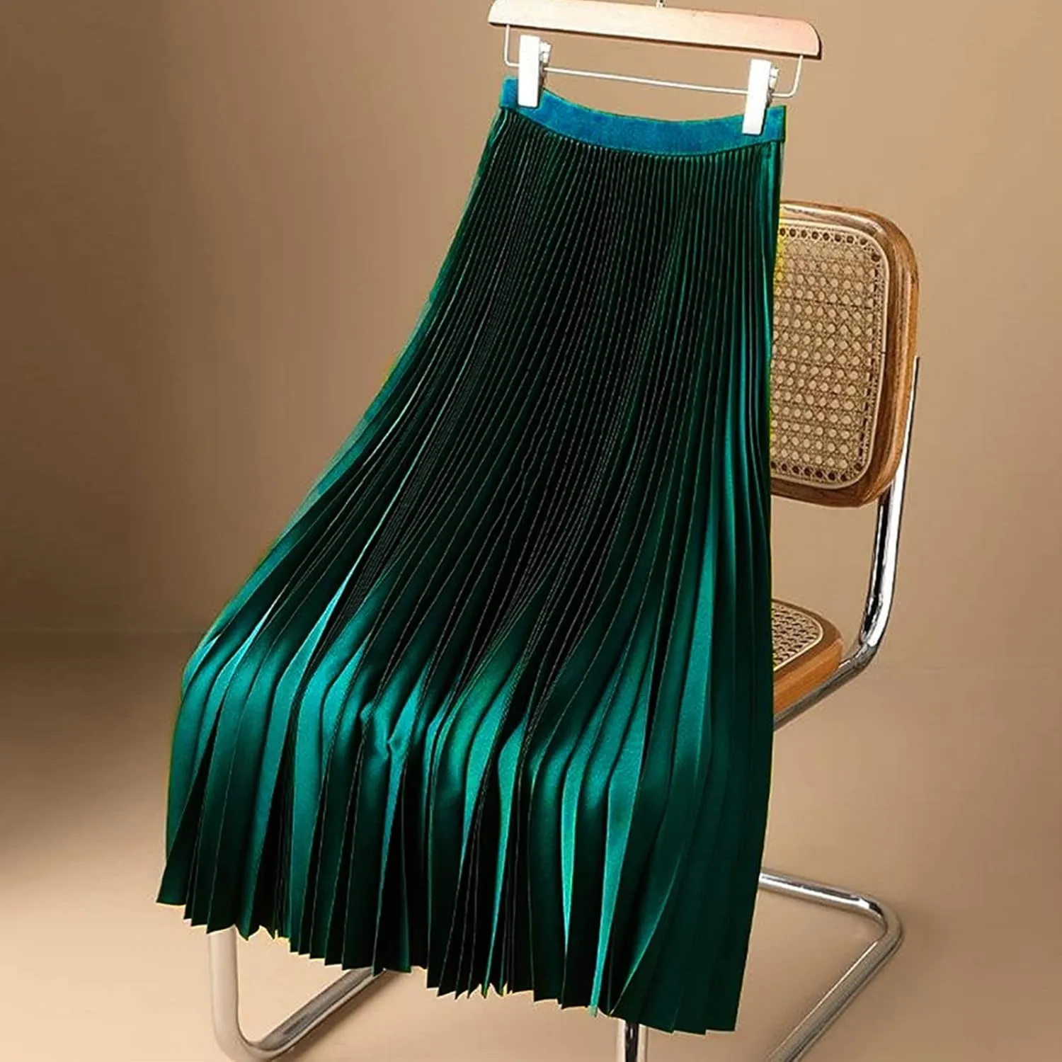 XUNRYAN Skirts for Women High Elastic Waist Pleated Shimmer Midi Skirt Flowy Swing A-line Skirts Fashion Clothes