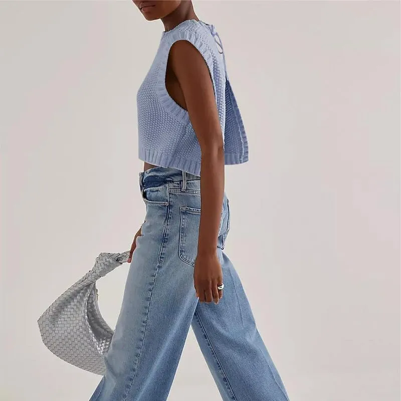 Y2K Women Backless Tie Up Knit Crop Sweater Vest Sleeveless Round Neck Split Open Back Pullover Fall Tank Tops