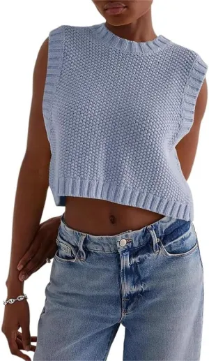 Y2K Women Backless Tie Up Knit Crop Sweater Vest Sleeveless Round Neck Split Open Back Pullover Fall Tank Tops