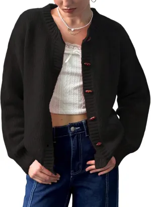 Yimoon Womens Cropped Cardigan Sweater Button Down Long Sleeve Chunky Knit Sweater Winter Loose Casual Outerwear