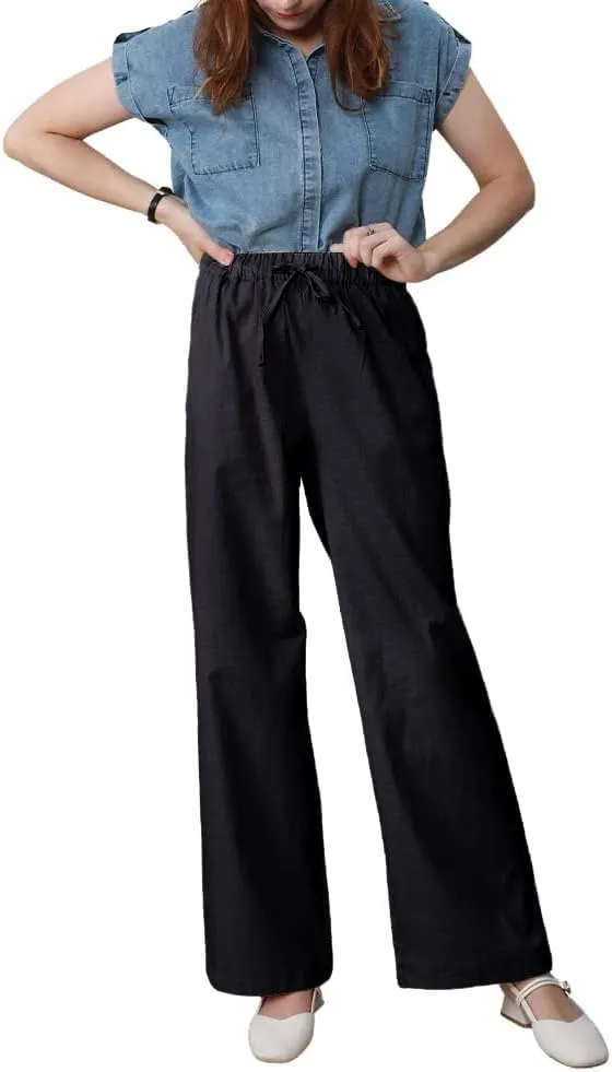 yoeasy Women Cotton Linen Drawstring Wide Leg Pants High Waisted Casual Loose Trousers with Pockets