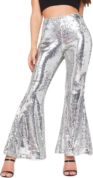 YOLAI Women's Sexy Sequined Shiny Flare Pants High Waist Stretch Bell Bottoms Pants Nightclub Party Trousers