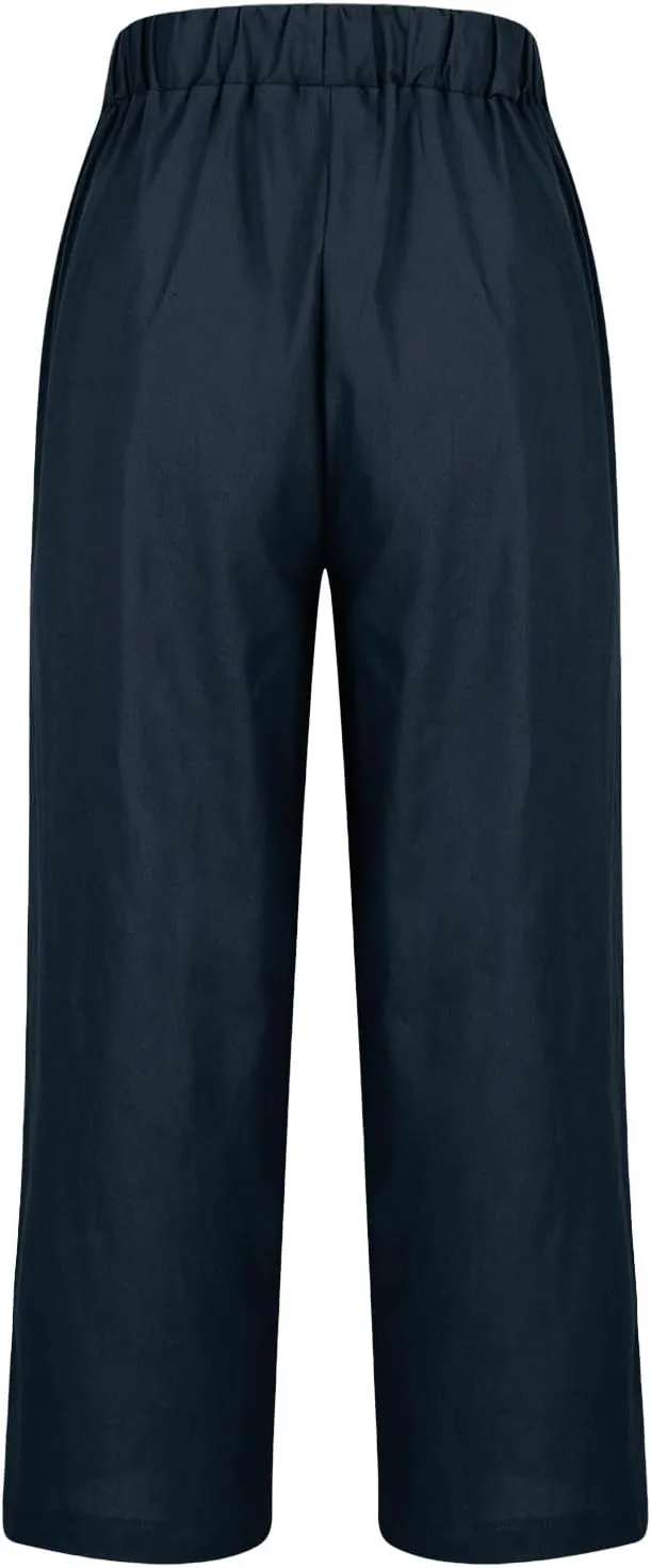 YRAETENM Cotton Linen Pants Women Elastic High Waist Straight Leg Lounge Pants Casual Slacks Summer Trouser with Pockets