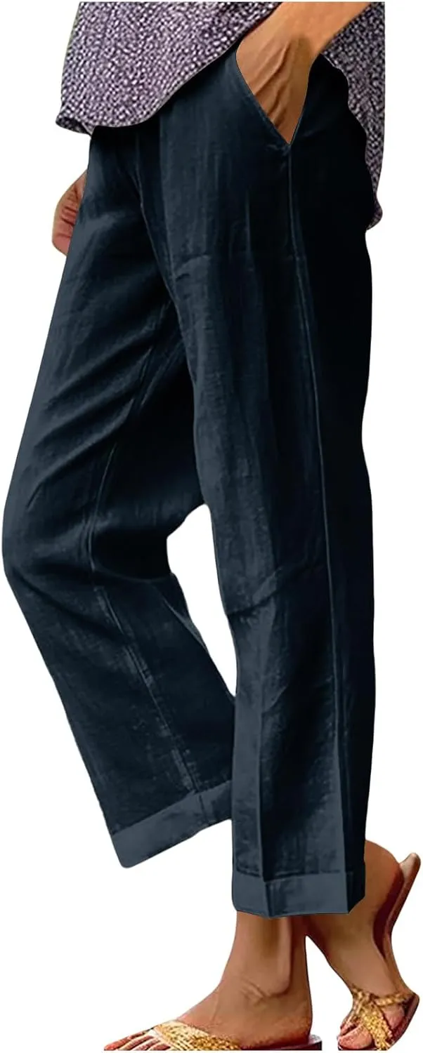 YRAETENM Cotton Linen Pants Women Elastic High Waist Straight Leg Lounge Pants Casual Slacks Summer Trouser with Pockets