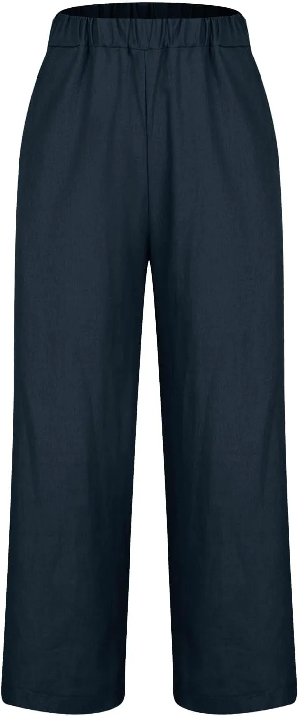 YRAETENM Cotton Linen Pants Women Elastic High Waist Straight Leg Lounge Pants Casual Slacks Summer Trouser with Pockets