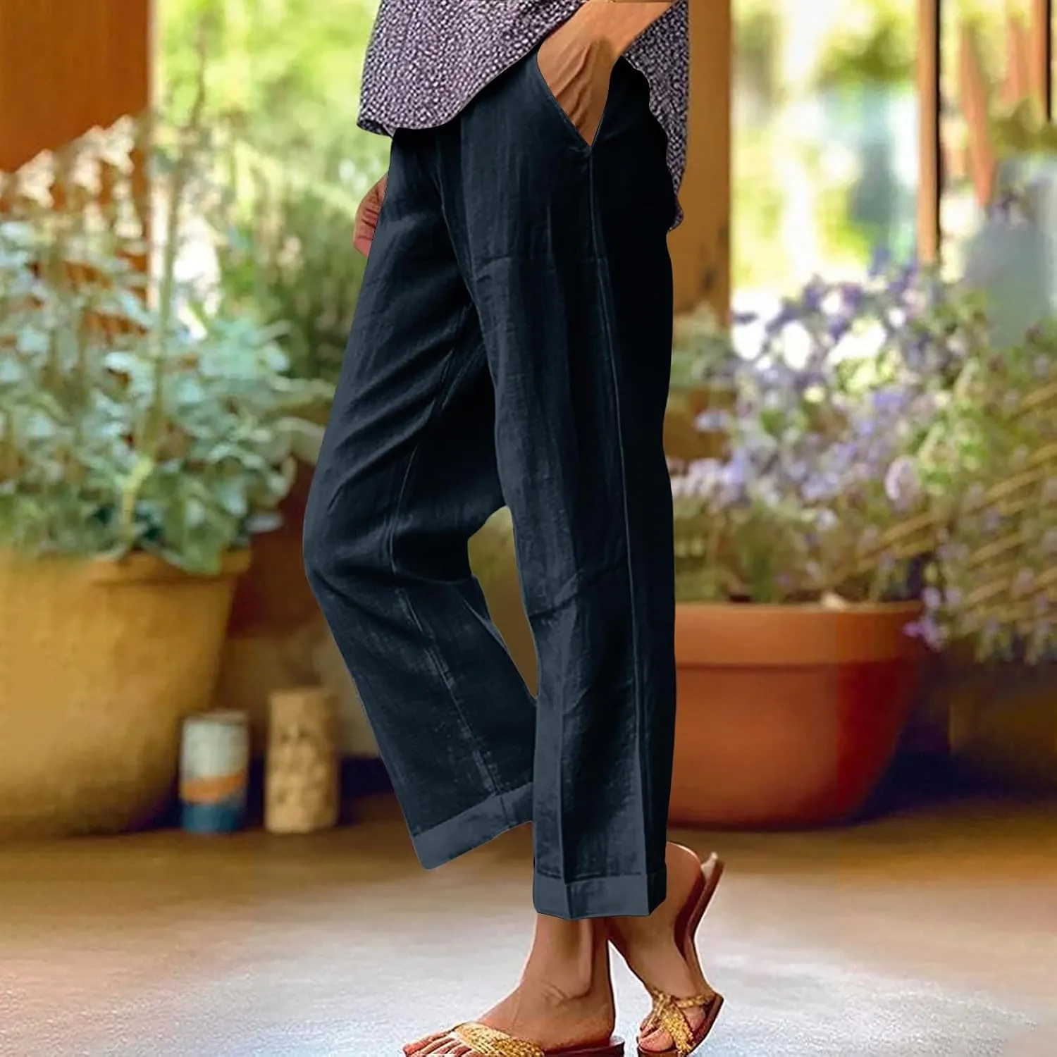 YRAETENM Cotton Linen Pants Women Elastic High Waist Straight Leg Lounge Pants Casual Slacks Summer Trouser with Pockets
