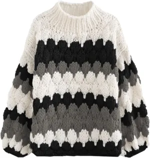 ZAFUL Womens Cute Sweaters Trendy 2024 Color Block Pullover Sweater Cable Knit Jumper Tops