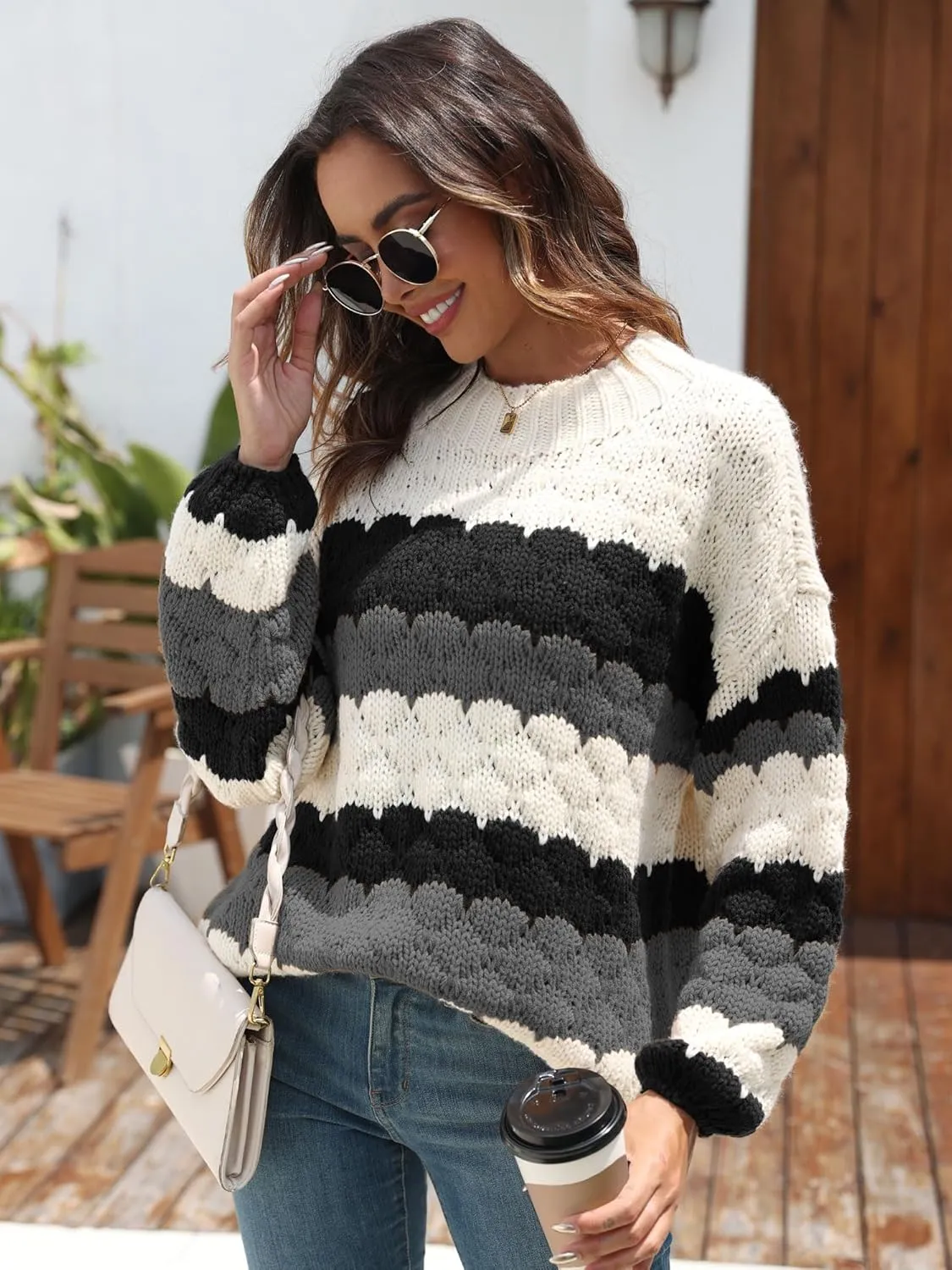 ZAFUL Womens Cute Sweaters Trendy 2024 Color Block Pullover Sweater Cable Knit Jumper Tops