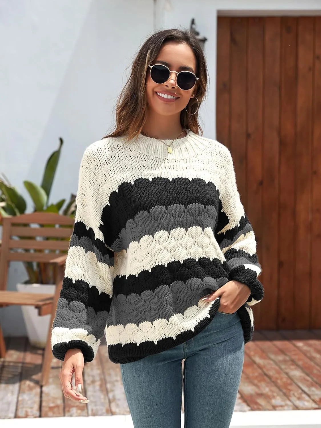ZAFUL Womens Cute Sweaters Trendy 2024 Color Block Pullover Sweater Cable Knit Jumper Tops