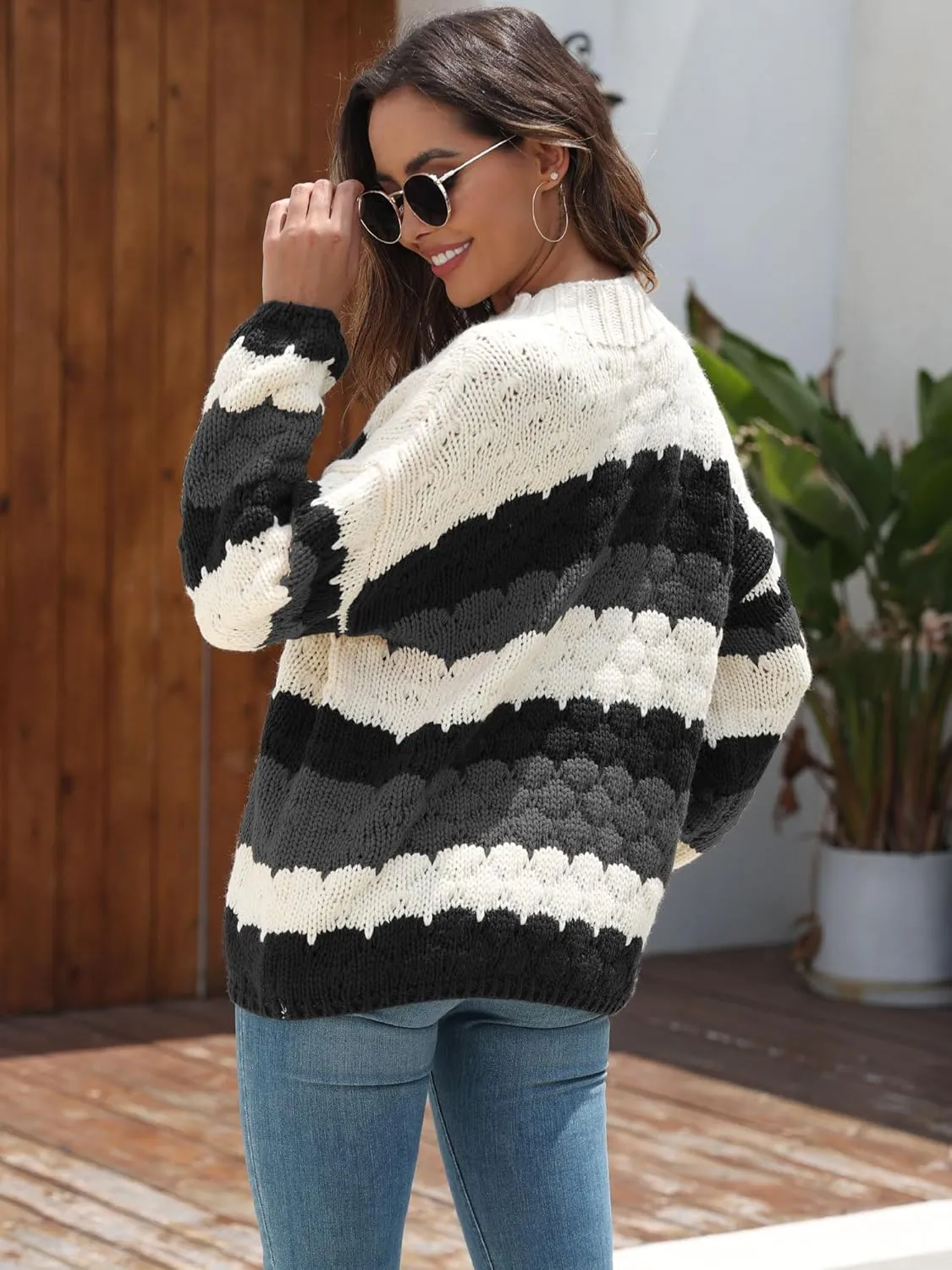 ZAFUL Womens Cute Sweaters Trendy 2024 Color Block Pullover Sweater Cable Knit Jumper Tops