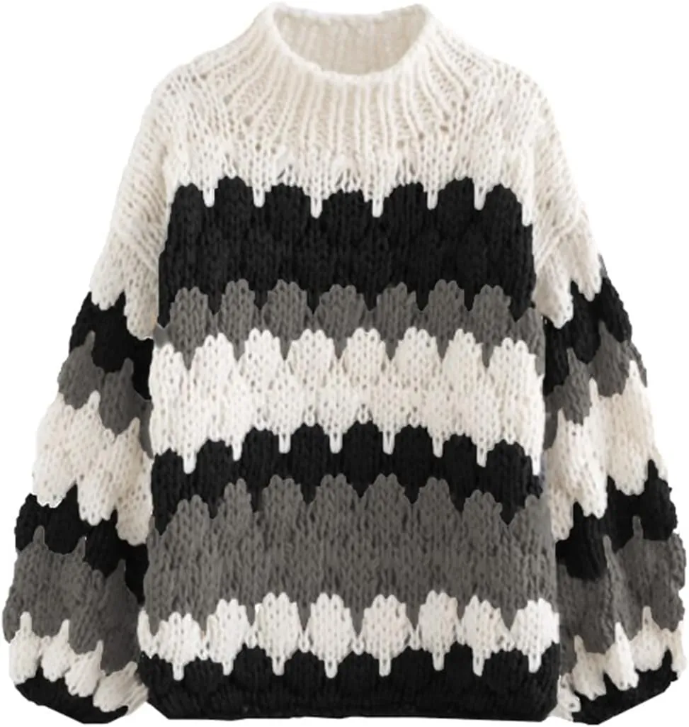 ZAFUL Womens Cute Sweaters Trendy 2024 Color Block Pullover Sweater Cable Knit Jumper Tops