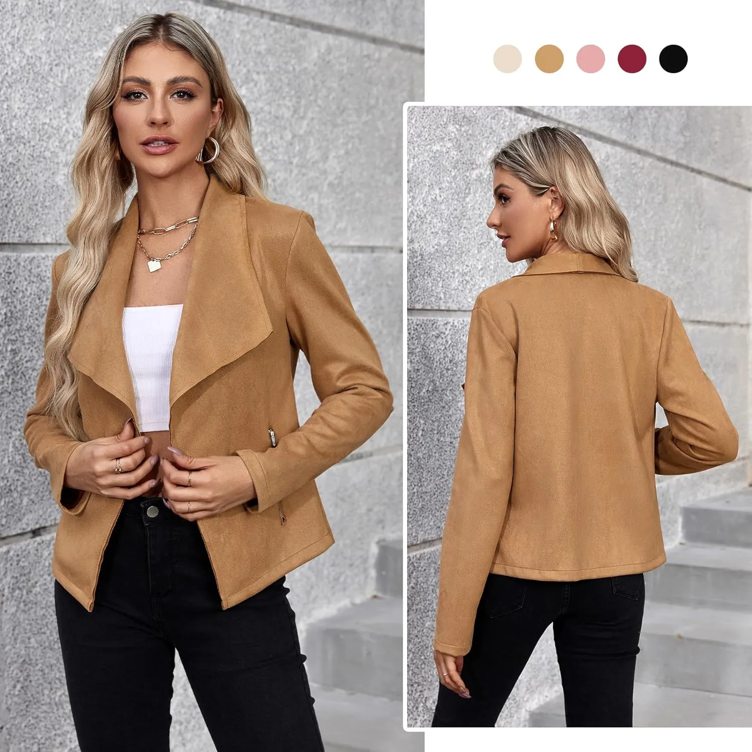 Zando Womens Faux Suede Jacket Open Front Womens Bomber Cropped Jacket with Pockets Outwear Long Sleeve Fashion Biker Jacket