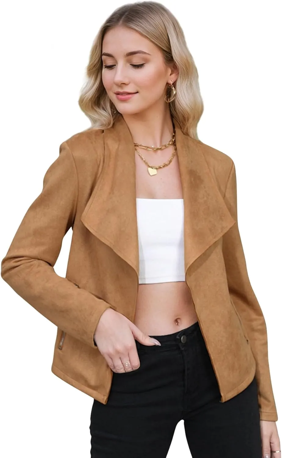 Zando Womens Faux Suede Jacket Open Front Womens Bomber Cropped Jacket with Pockets Outwear Long Sleeve Fashion Biker Jacket
