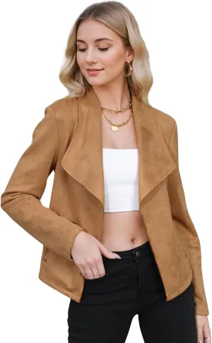 Zando Womens Faux Suede Jacket Open Front Womens Bomber Cropped Jacket with Pockets Outwear Long Sleeve Fashion Biker Jacket