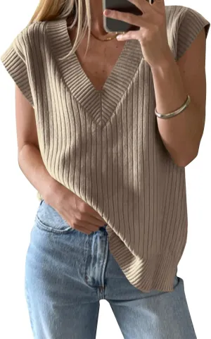 ZDC Women's V Neck Sweater Vest Oversized Sleeveles Casual Tank Tops Ribbed Knit Loose Fit Pullover