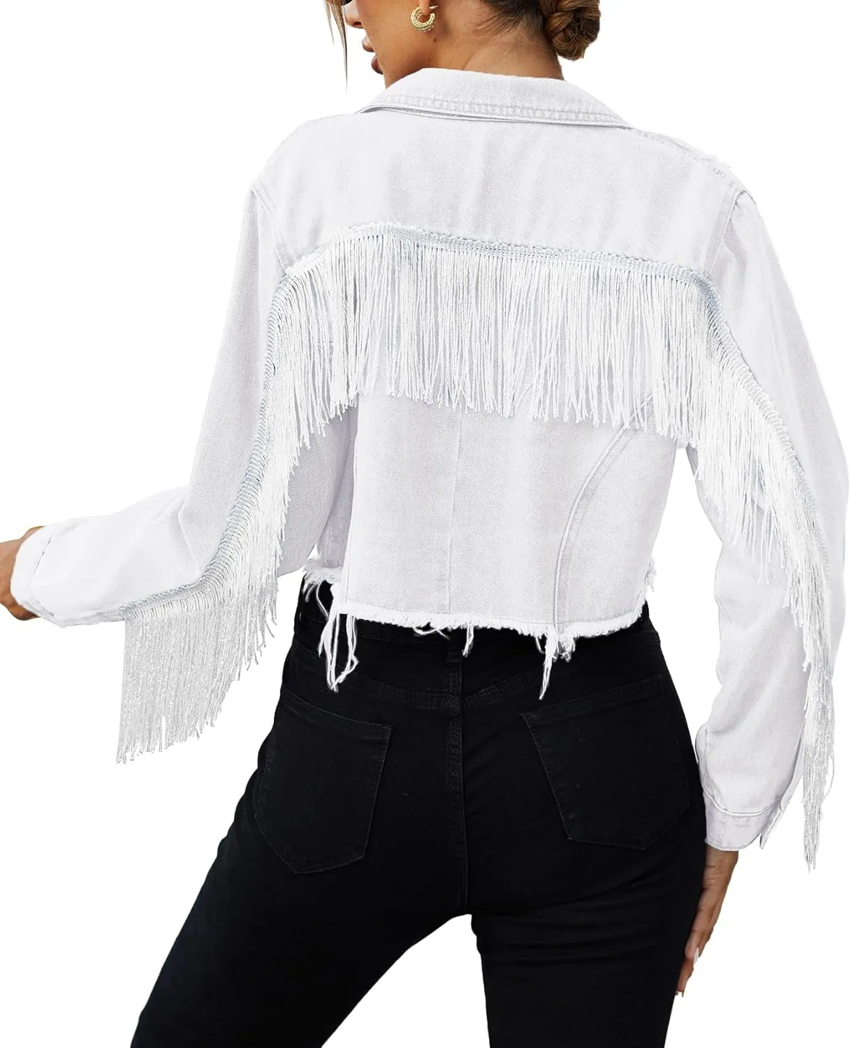 Zeagoo Women Denim Jacket Casual Long Sleeve Distressed Ripped Cropped Coat Fringe Jean Jacket XS-XXL