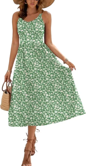 Zeagoo Womens Summer Dress Casual Flutter Boho Floral V Neck Flowy Midi A-Line Beach Vacation Sundresses with Pockets