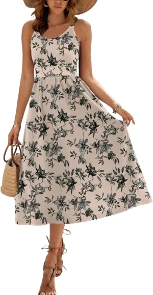 Zeagoo Womens Summer Dress Casual Flutter Boho Floral V Neck Flowy Midi A-Line Beach Vacation Sundresses with Pockets