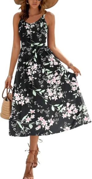 Zeagoo Womens Summer Dress Casual Flutter Boho Floral V Neck Flowy Midi A-Line Beach Vacation Sundresses with Pockets