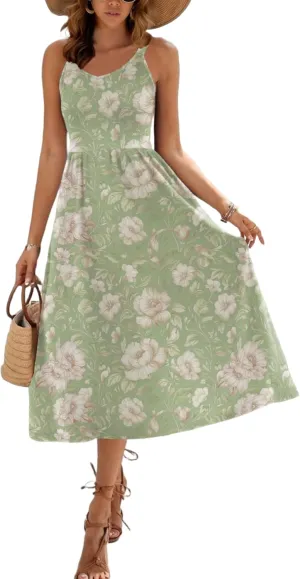 Zeagoo Womens Summer Dress Casual Flutter Boho Floral V Neck Flowy Midi A-Line Beach Vacation Sundresses with Pockets