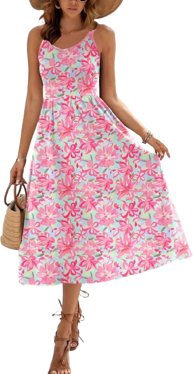 Zeagoo Womens Summer Dress Casual Flutter Boho Floral V Neck Flowy Midi A-Line Beach Vacation Sundresses with Pockets