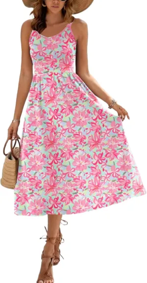 Zeagoo Womens Summer Dress Casual Flutter Boho Floral V Neck Flowy Midi A-Line Beach Vacation Sundresses with Pockets