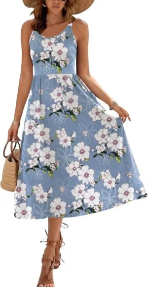 Zeagoo Womens Summer Dress Casual Flutter Boho Floral V Neck Flowy Midi A-Line Beach Vacation Sundresses with Pockets