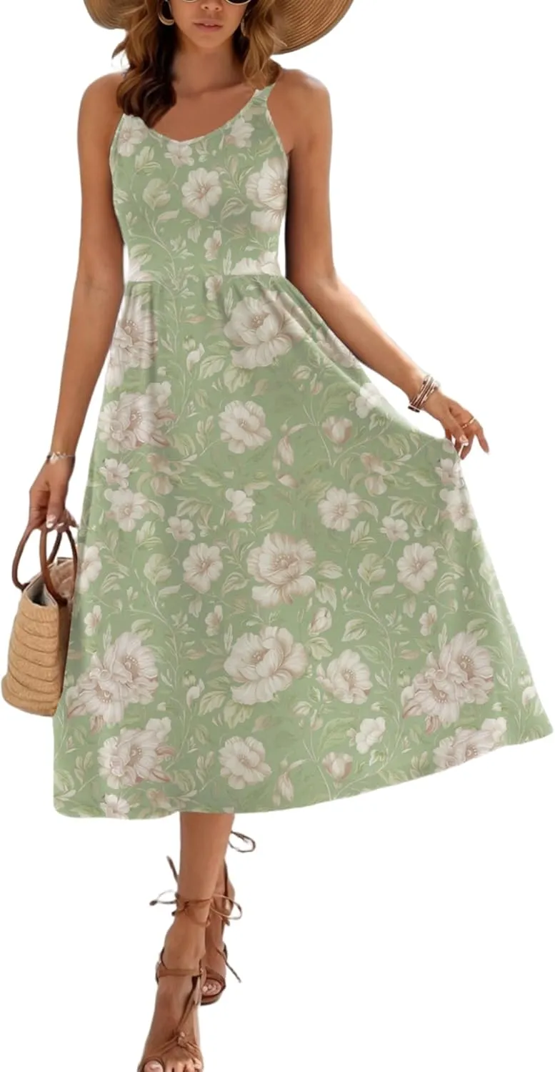 Zeagoo Womens Summer Dress Casual Flutter Boho Floral V Neck Flowy Midi A-Line Beach Vacation Sundresses with Pockets