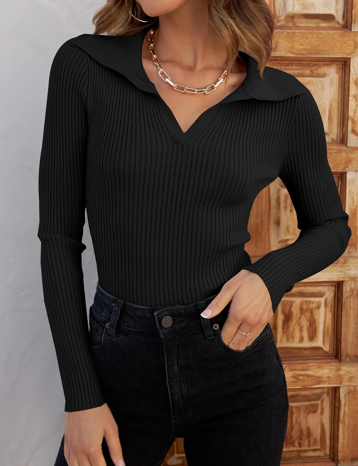 ZESICA Sweaters for Women Spring Long Sleeve V Neck Ribbed Knit Pullover Tops Casual Slim Fit Basic Tee Shirts