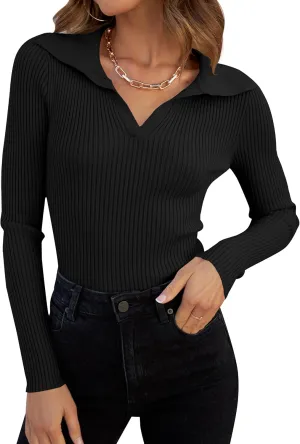 ZESICA Sweaters for Women Spring Long Sleeve V Neck Ribbed Knit Pullover Tops Casual Slim Fit Basic Tee Shirts