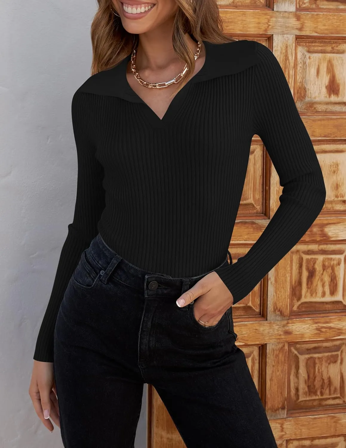 ZESICA Sweaters for Women Spring Long Sleeve V Neck Ribbed Knit Pullover Tops Casual Slim Fit Basic Tee Shirts