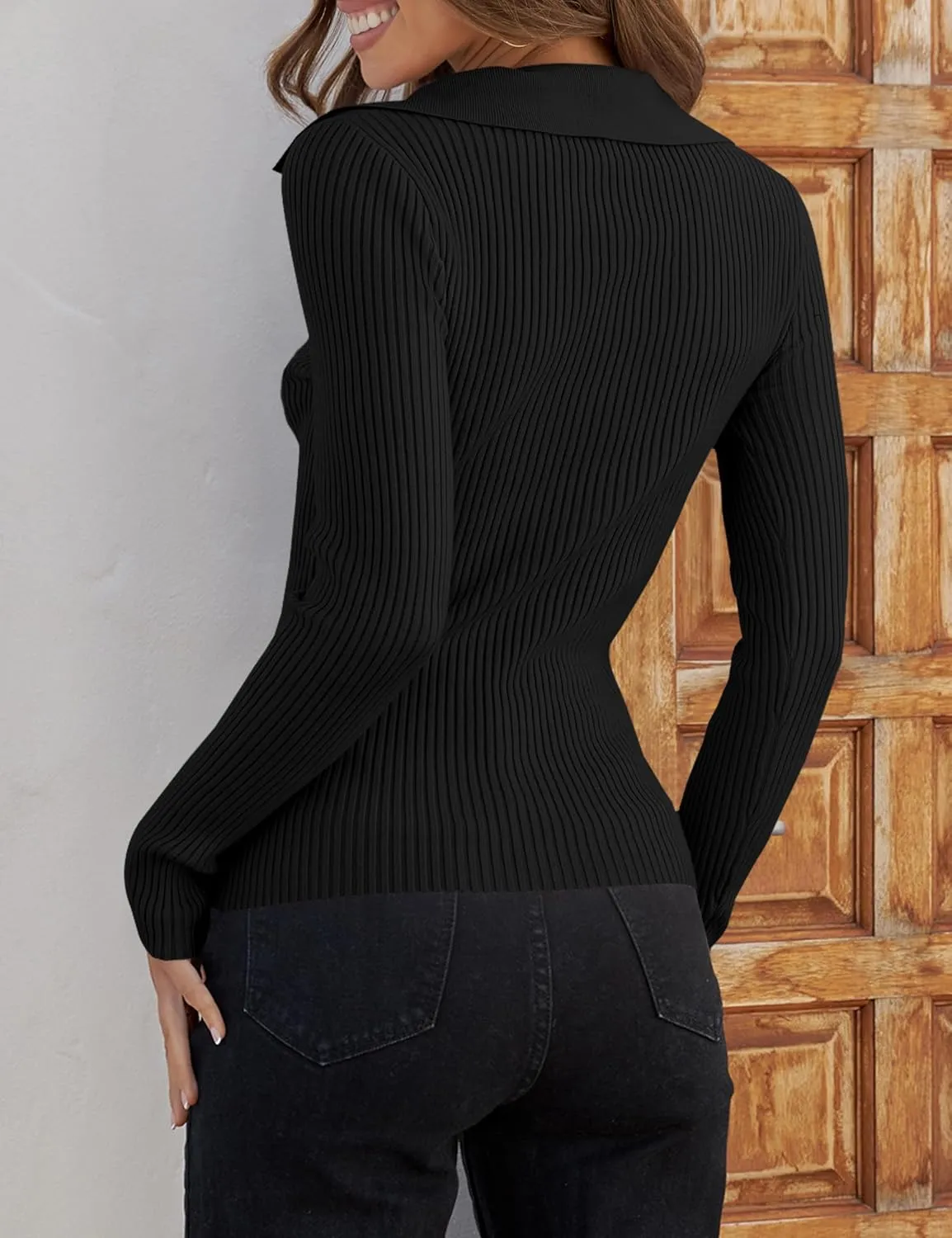 ZESICA Sweaters for Women Spring Long Sleeve V Neck Ribbed Knit Pullover Tops Casual Slim Fit Basic Tee Shirts