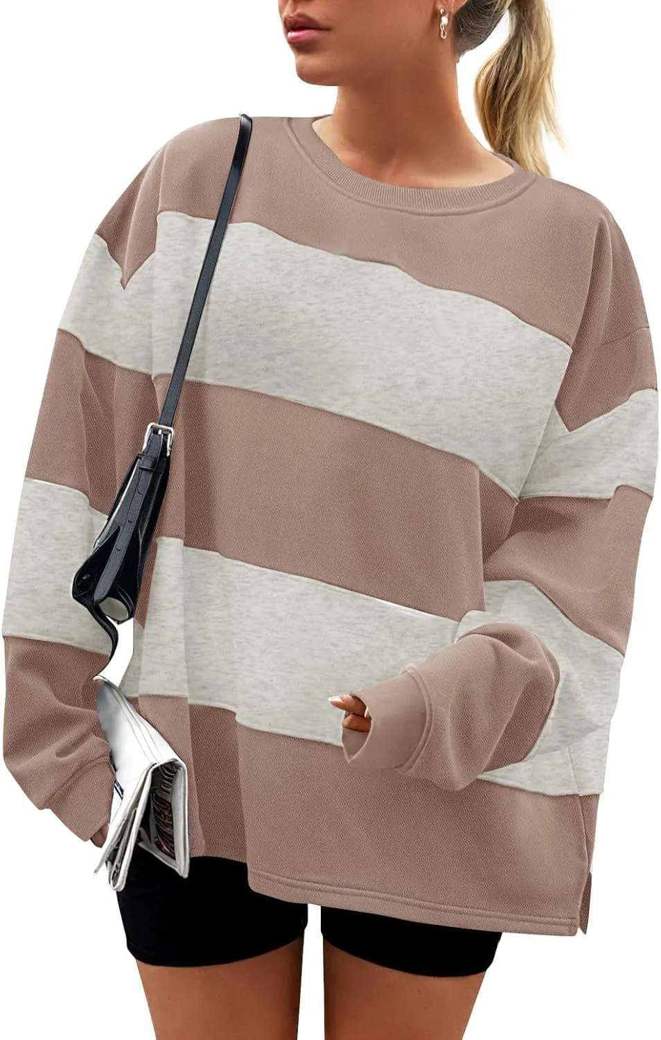 ZESICA Women's Fall Sweatshirt Tops Crewneck Long Sleeve Loose Oversized Striped Fleece Pullover 2025 Clothes