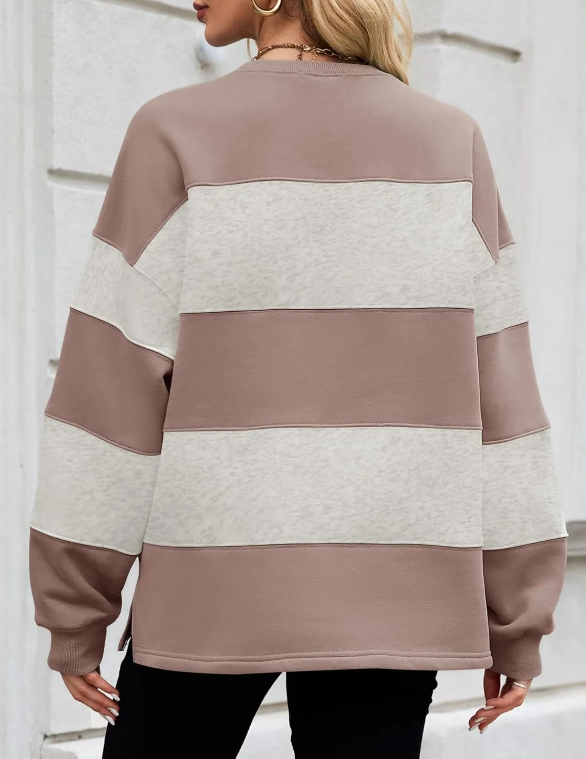 ZESICA Women's Fall Sweatshirt Tops Crewneck Long Sleeve Loose Oversized Striped Fleece Pullover 2025 Clothes