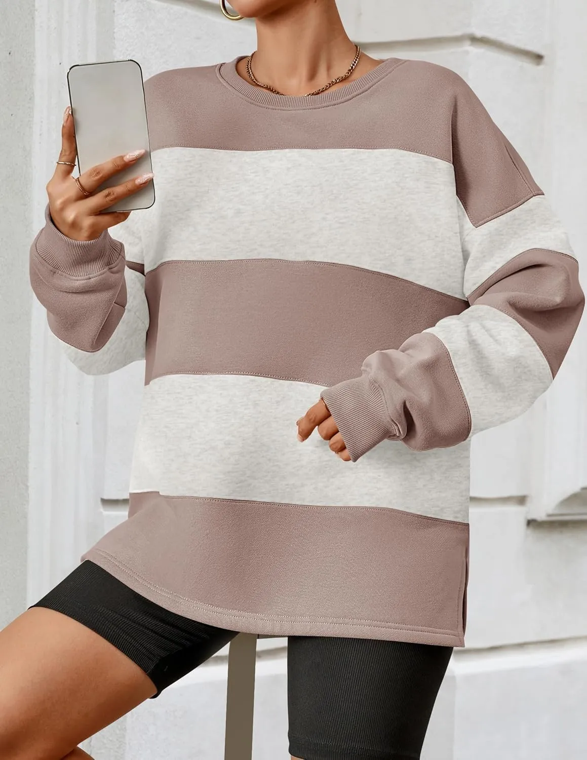 ZESICA Women's Fall Sweatshirt Tops Crewneck Long Sleeve Loose Oversized Striped Fleece Pullover 2025 Clothes