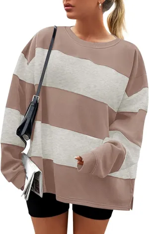 ZESICA Women's Fall Sweatshirt Tops Crewneck Long Sleeve Loose Oversized Striped Fleece Pullover 2025 Clothes