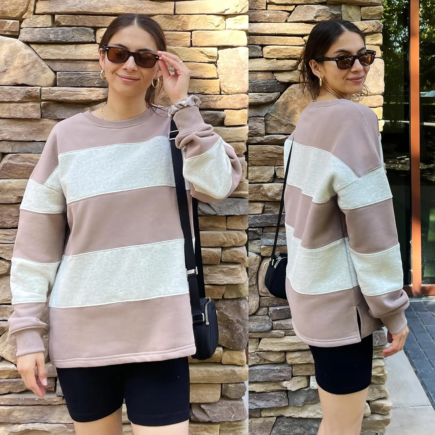 ZESICA Women's Fall Sweatshirt Tops Crewneck Long Sleeve Loose Oversized Striped Fleece Pullover 2025 Clothes